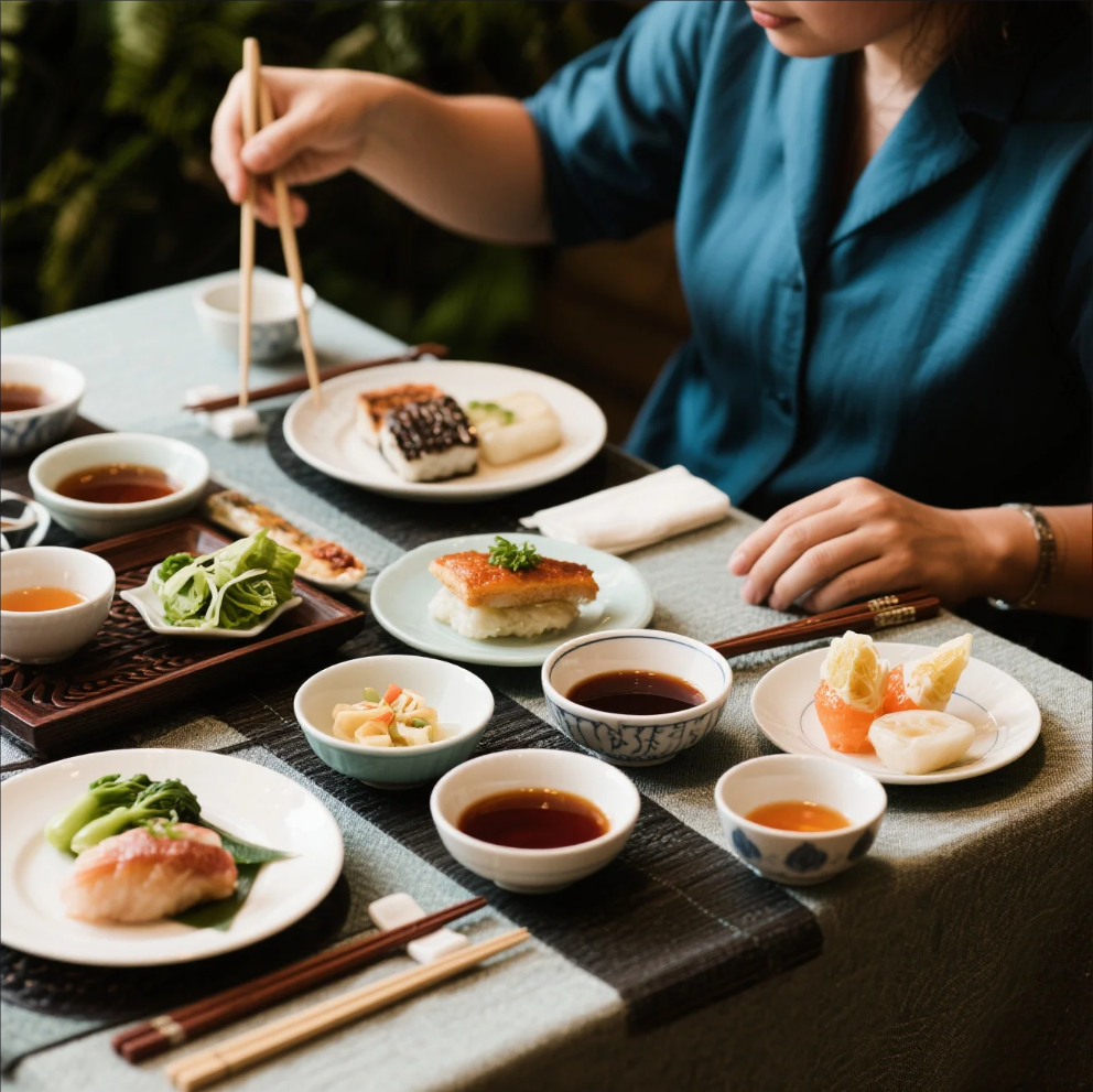 Traditional Asian dining table with chopsticks, rice bowls, dumplings, sushi, and teapot arranged for a cultural meal