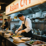 Koki sibuk memasak di dapur restoran Asian City