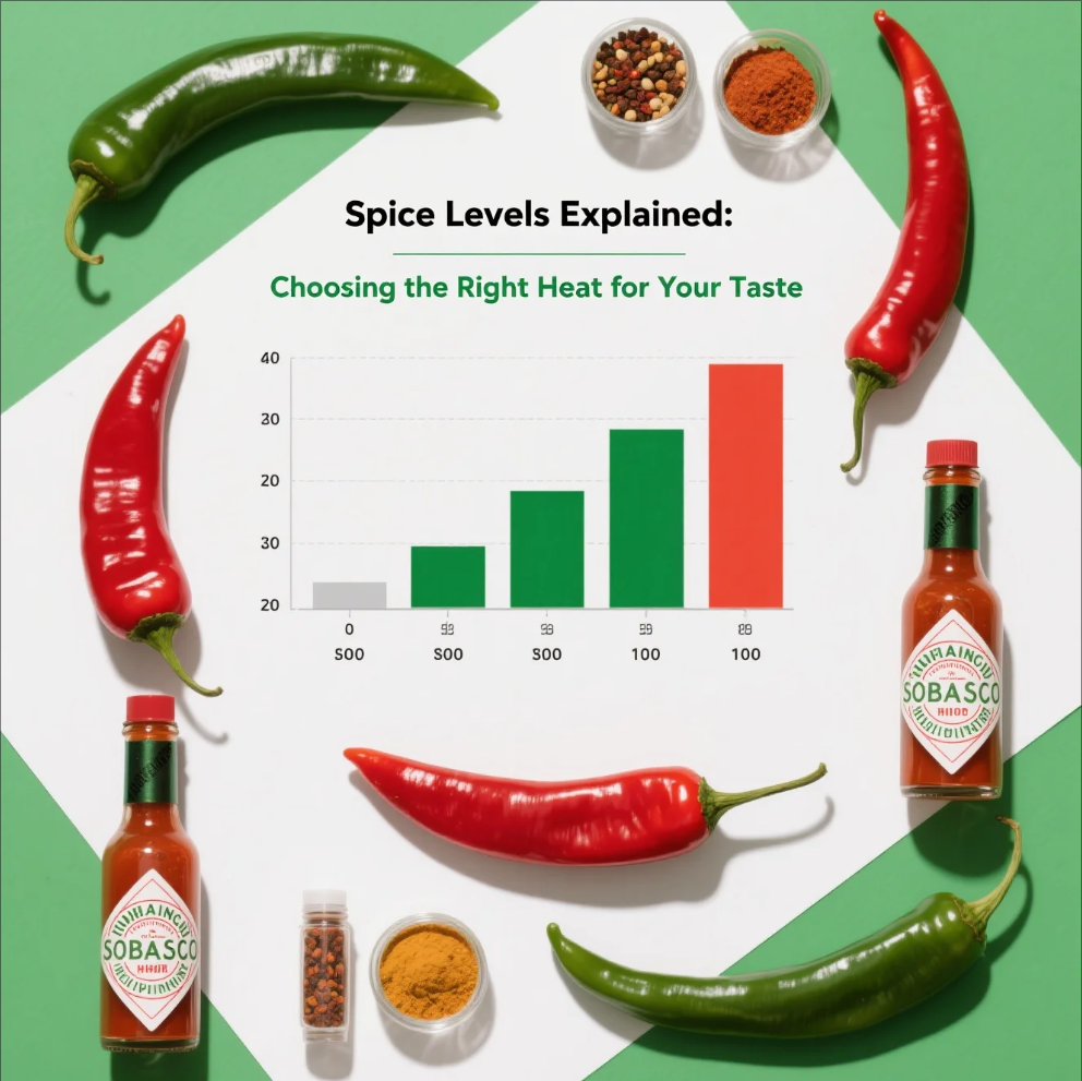 Different chili peppers arranged from mild to extra hot on a wooden table