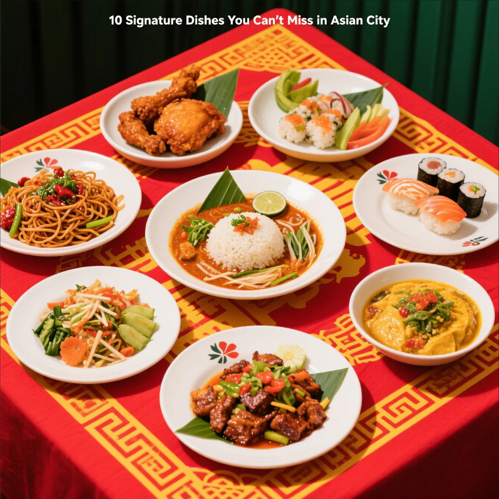 A table filled with signature Asian City dishes including sushi, Peking Duck, and Dim Sum