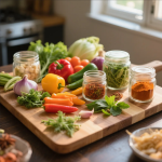 Fresh herbs, spices, and vegetables arranged for Asian cooking with vibrant colors