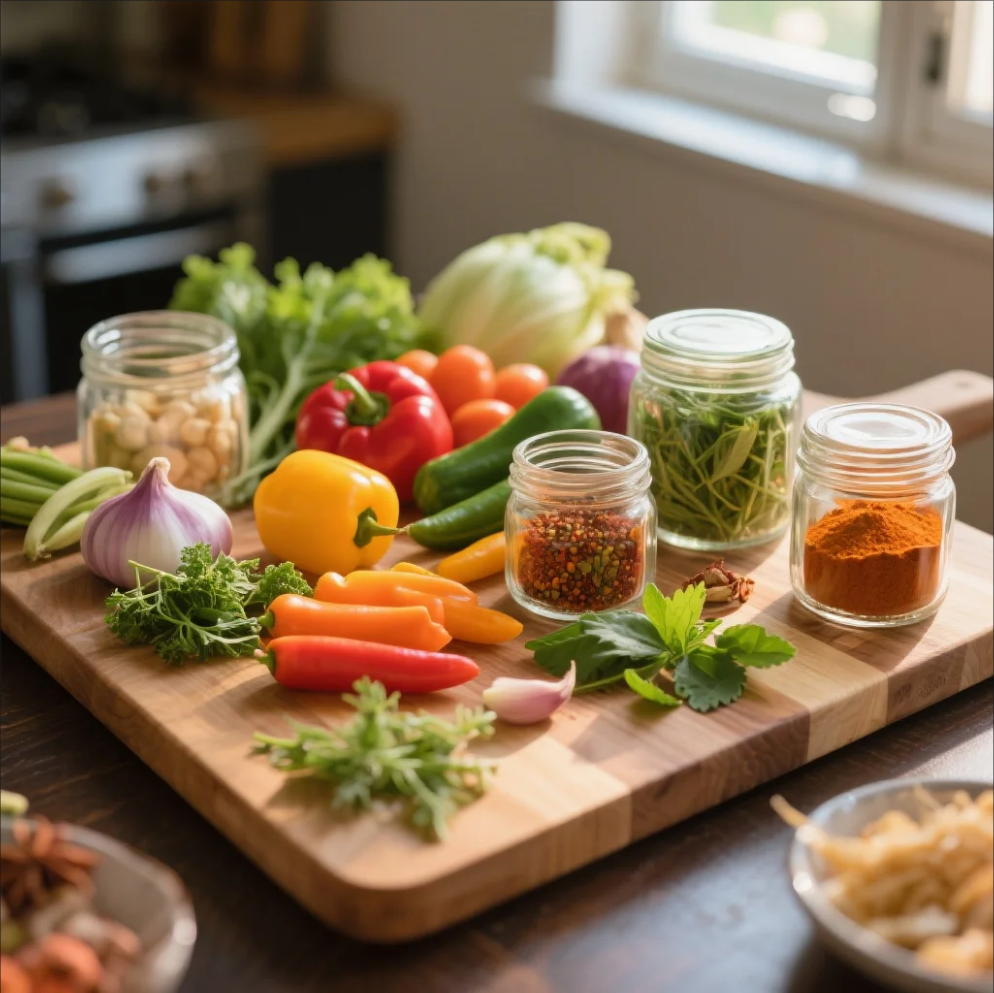 Fresh herbs, spices, and vegetables arranged for Asian cooking with vibrant colors
