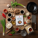 Soy sauce, ginger, chili, lemongrass, and rice arranged as essential Asian cooking ingredients