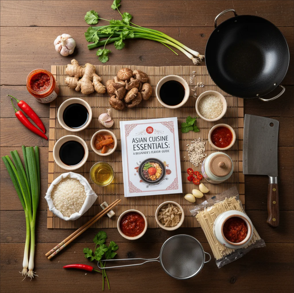 Soy sauce, ginger, chili, lemongrass, and rice arranged as essential Asian cooking ingredients