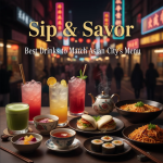 Glass of wine and cocktails paired with Asian City dishes