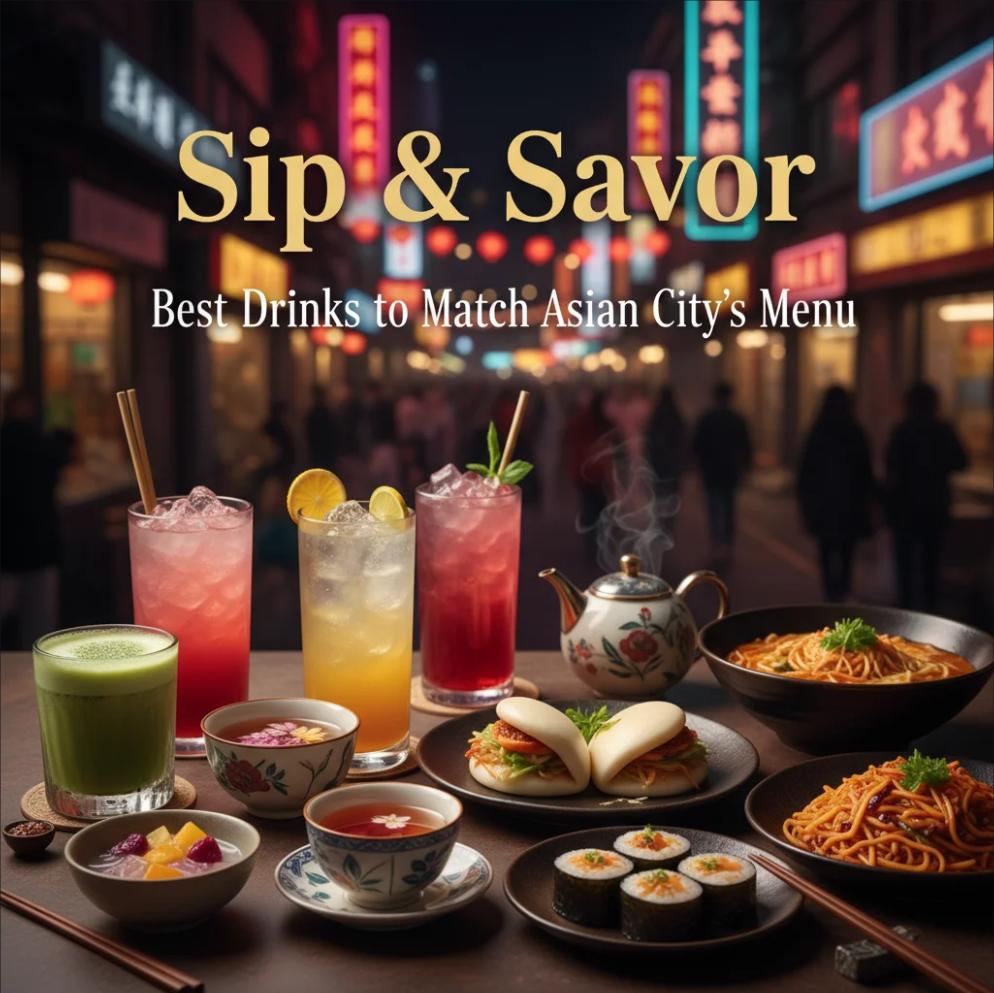Glass of wine and cocktails paired with Asian City dishes