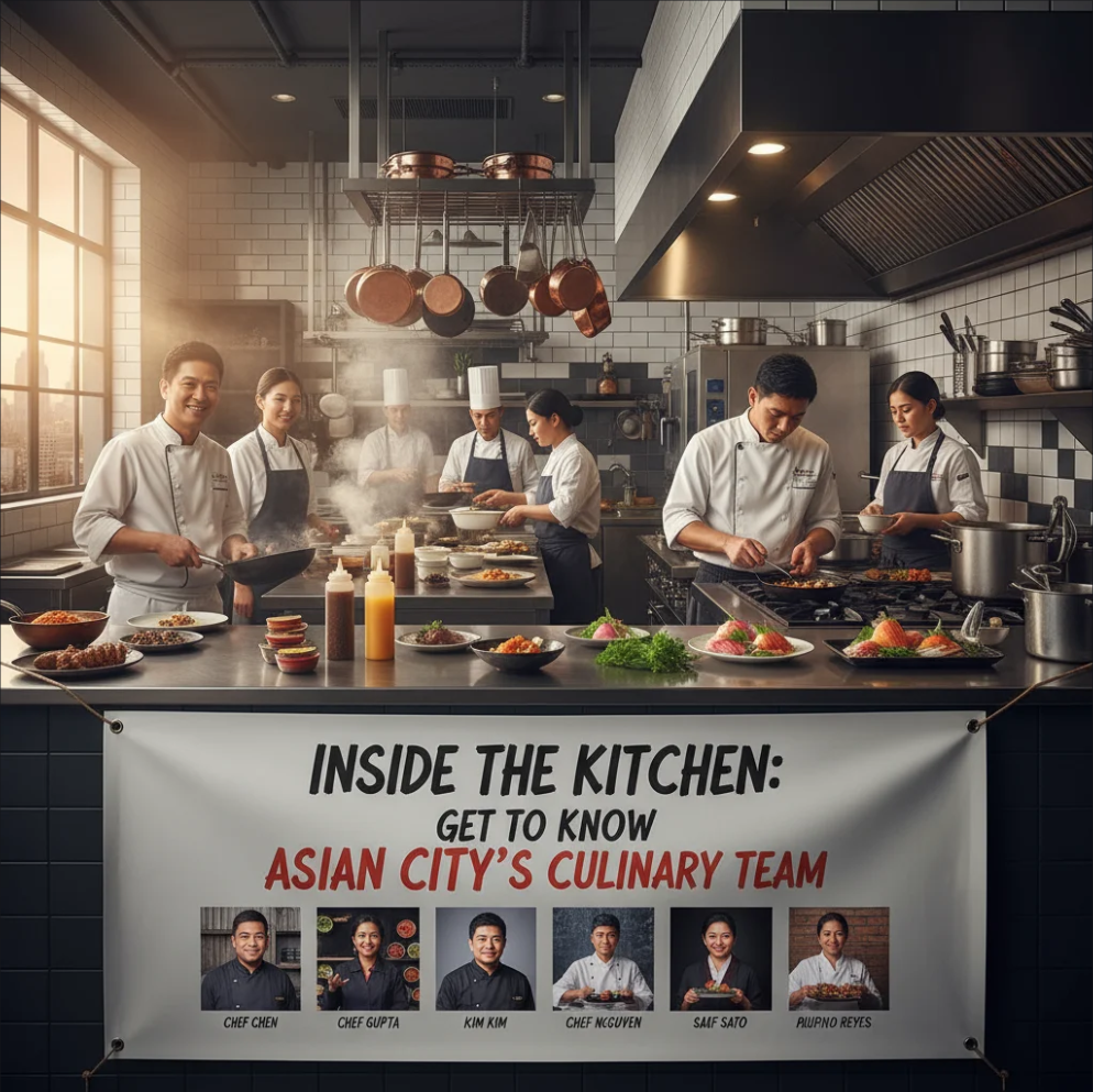 Chefs from Asian City restaurant preparing fresh Asian cuisine in the kitchen