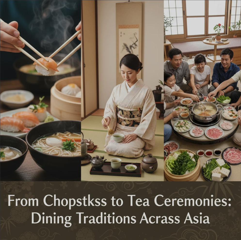 A traditional Asian dining table with chopsticks, tea set, and diverse dishes representing cultures from Japan, China, and Southeast Asia.