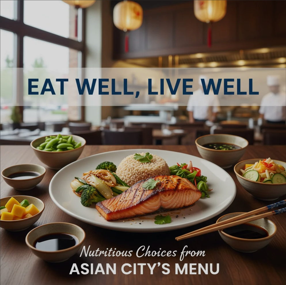A colorful spread of healthy Asian dishes from Asian City restaurant, featuring vegetables, rice bowls, and nutritious ingredients for a balanced lifestyle.