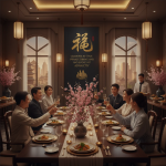 Elegant private dining room at Asian City restaurant, beautifully set for a special celebration with Asian-inspired décor and ambient lighting.