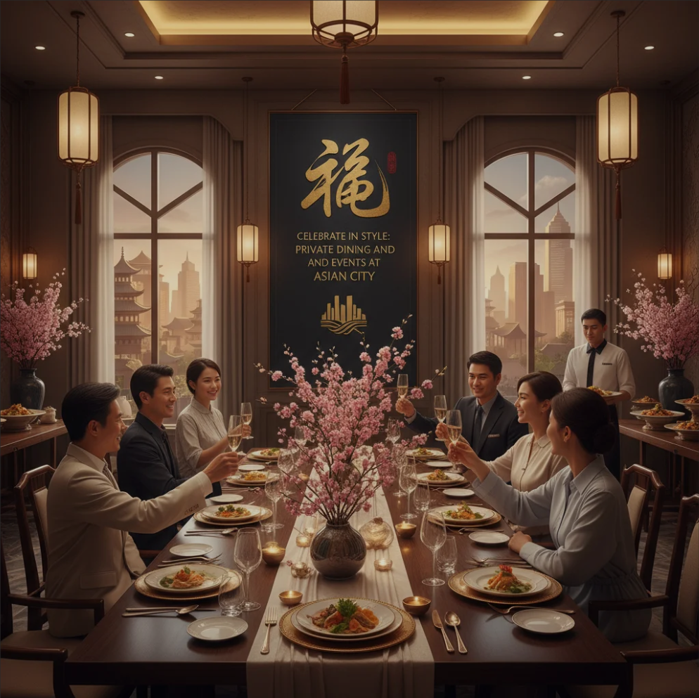 Elegant private dining room at Asian City restaurant, beautifully set for a special celebration with Asian-inspired décor and ambient lighting.