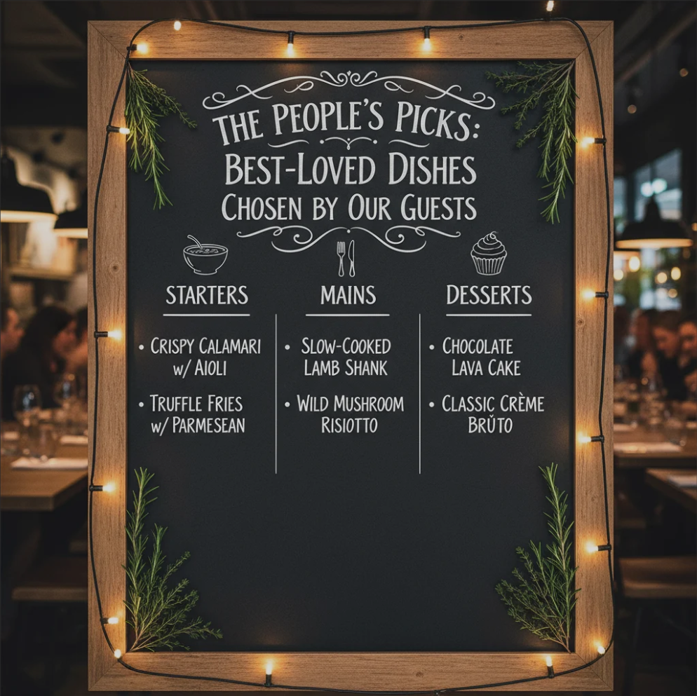 Discover the best-loved dishes chosen by our guests! From comforting classics to signature specials, see which menu favorites earned the most votes and hearts