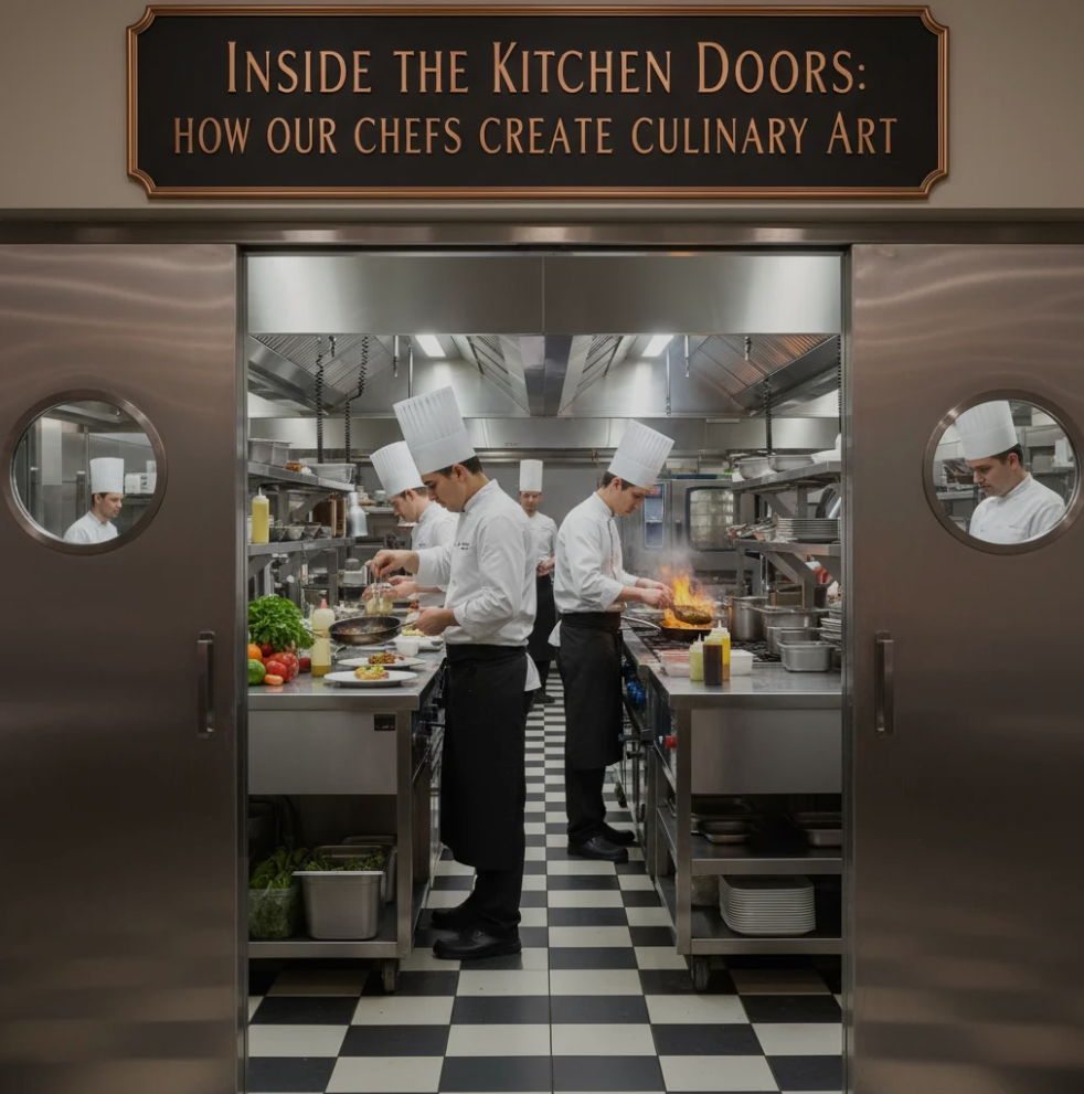 Chef plating a gourmet dish inside a professional kitchen