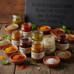 Chef preparing signature sauces and seasonings in a professional kitchen