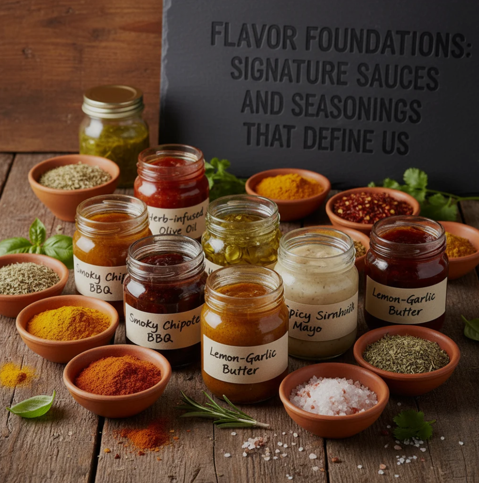 Chef preparing signature sauces and seasonings in a professional kitchen