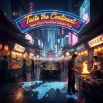 Vibrant street food scene in an Asian city, showcasing a variety of Pan-Asian dishes