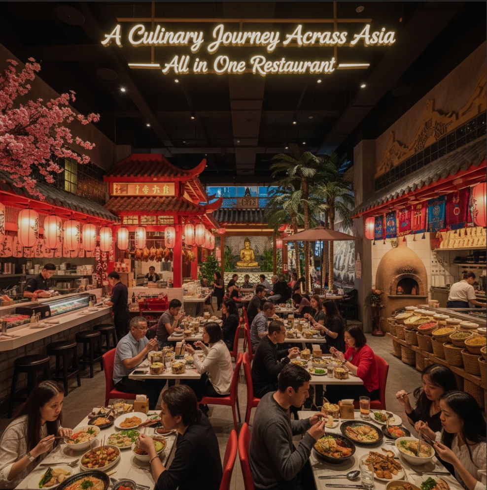 Asian restaurant table with diverse dishes representing Asian cuisine.