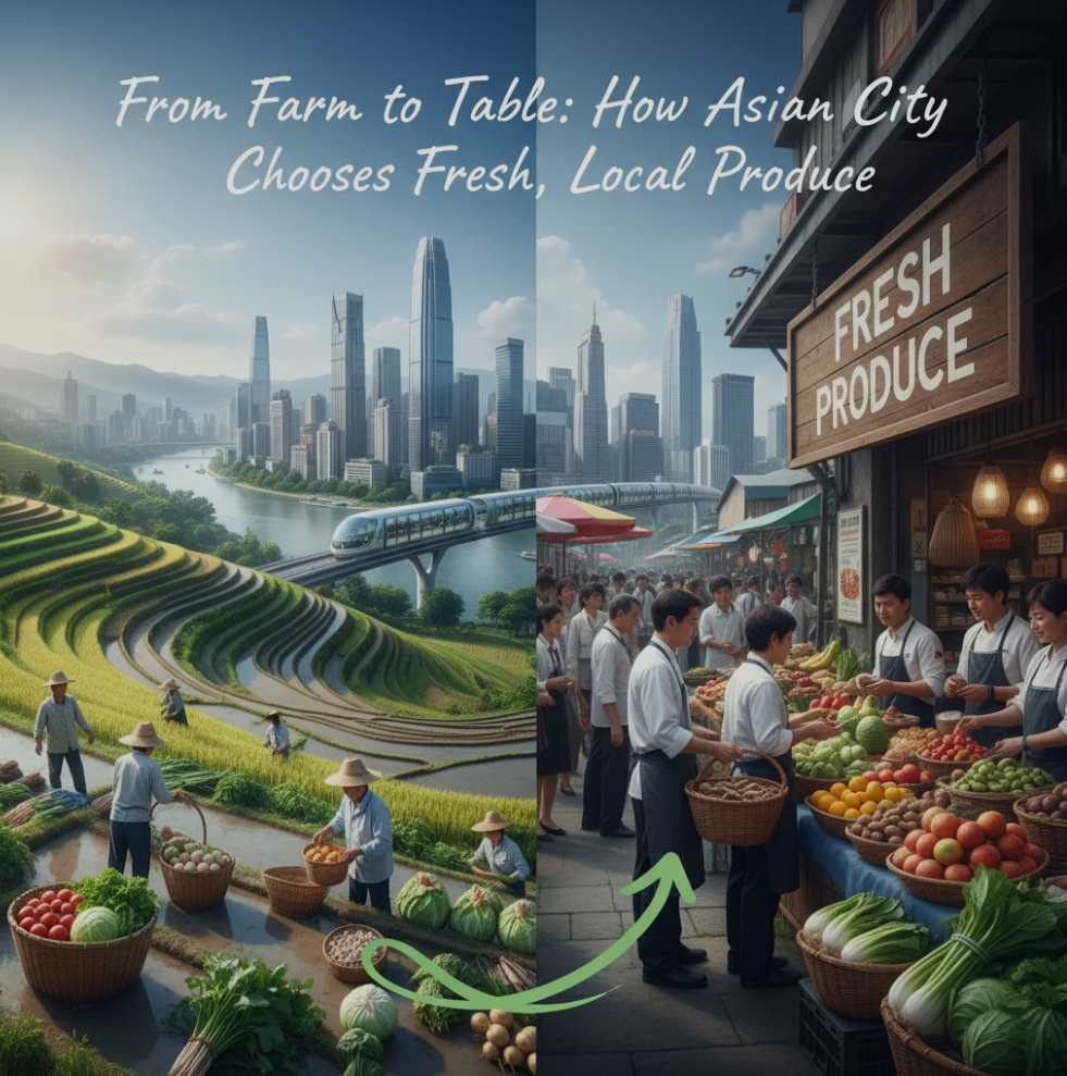 Chef selecting fresh vegetables from a local farmer’s market for Asian City restaurant