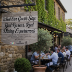 Happy restaurant guests enjoying their meals and sharing reviews about their dining experience