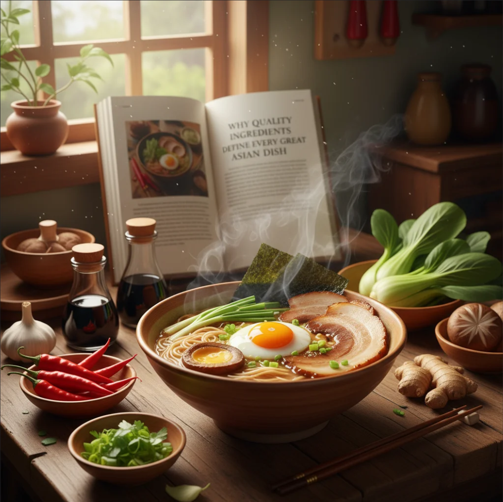 Fresh herbs, spices, and vegetables used in authentic Asian cooking