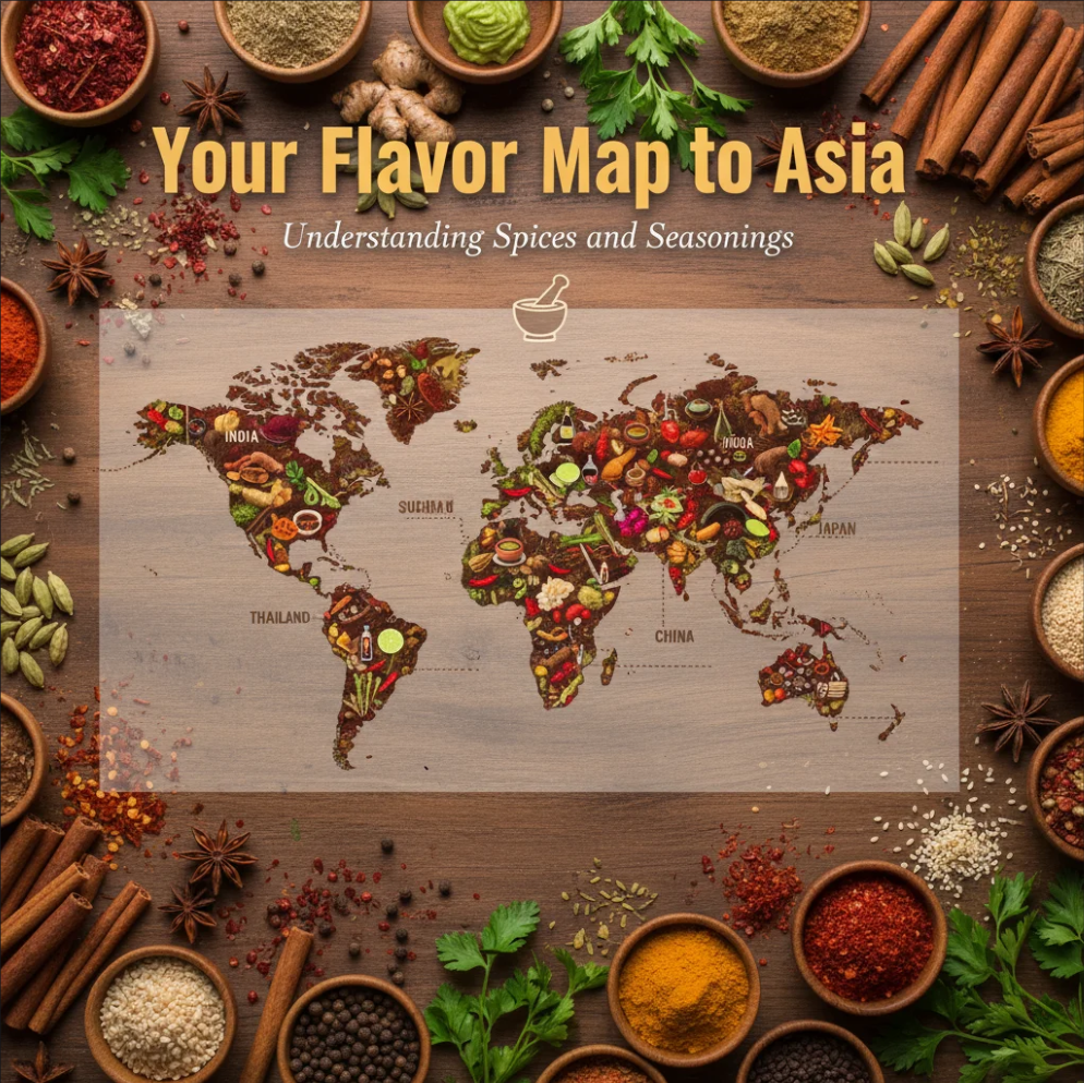 Colorful display of spices and seasonings at an Asian street market