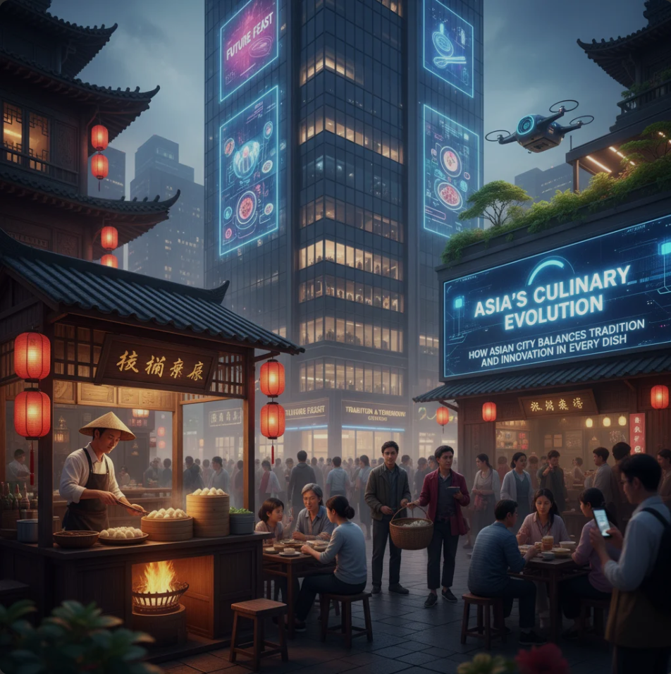 Chef plating a modern Asian dish that combines traditional ingredients with contemporary presentation