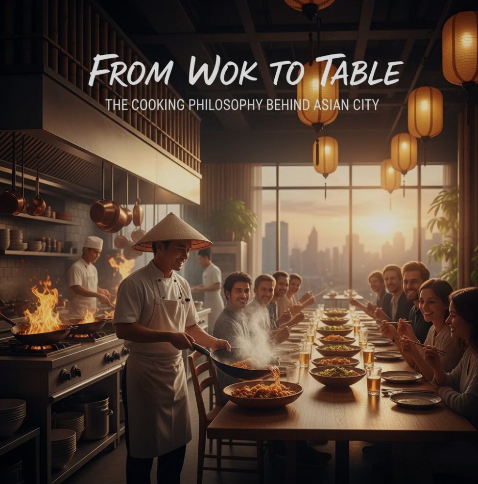 Chef at Asian City restaurant tossing fresh vegetables in a hot wok, capturing the essence of Asian cooking philosophy