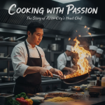 The Head Chef of Asian City plating a beautifully presented Asian fusion dish in a modern kitchen