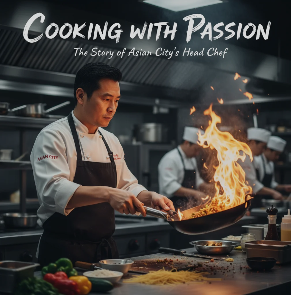 The Head Chef of Asian City plating a beautifully presented Asian fusion dish in a modern kitchen