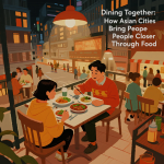 Guests sharing dishes at Asian City restaurant, enjoying communal dining experience