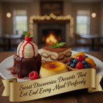 A beautifully plated assortment of desserts including cake, tart, and ice cream served after a meal