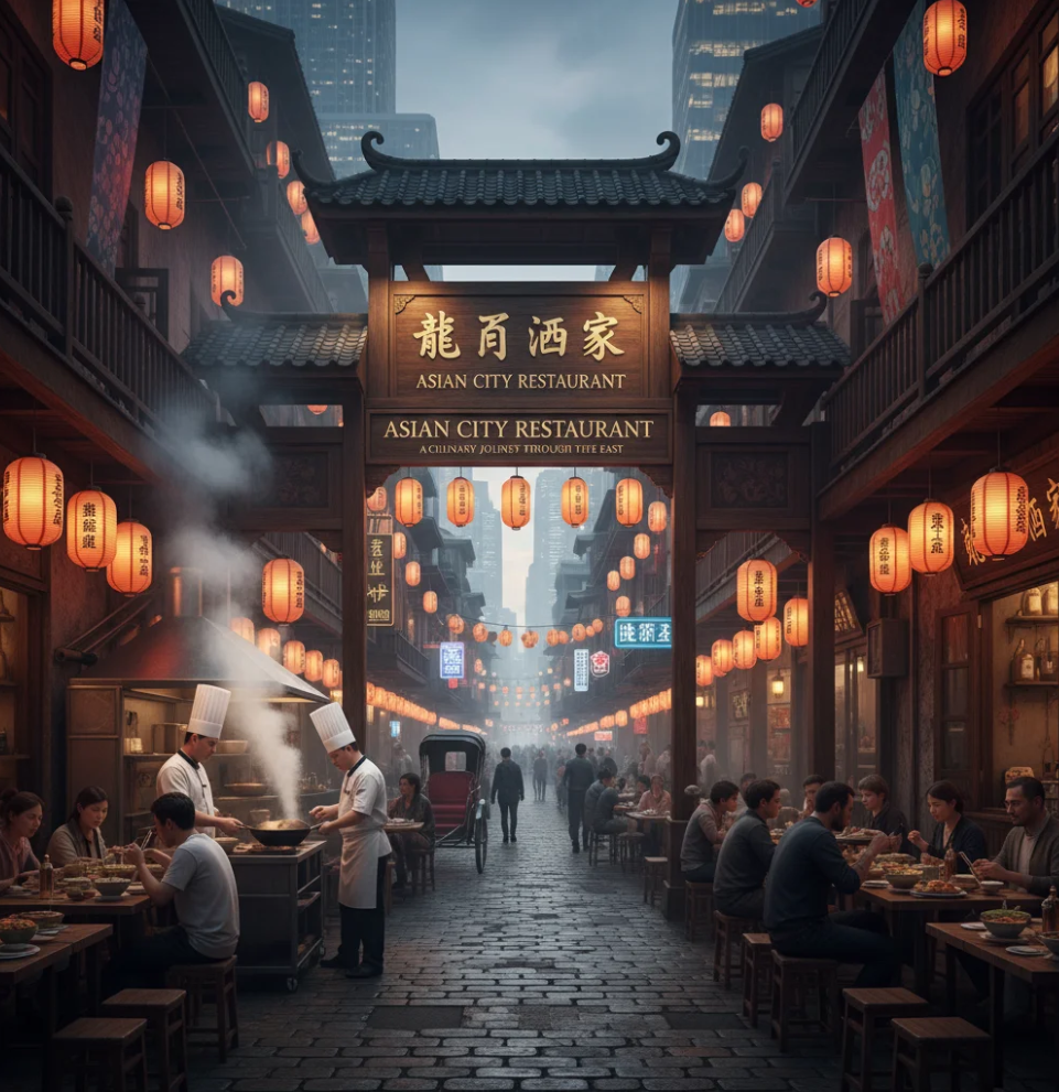 Table filled with colorful Asian dishes at Asian City Restaurant showcasing Japanese, Thai, and Chinese cuisine