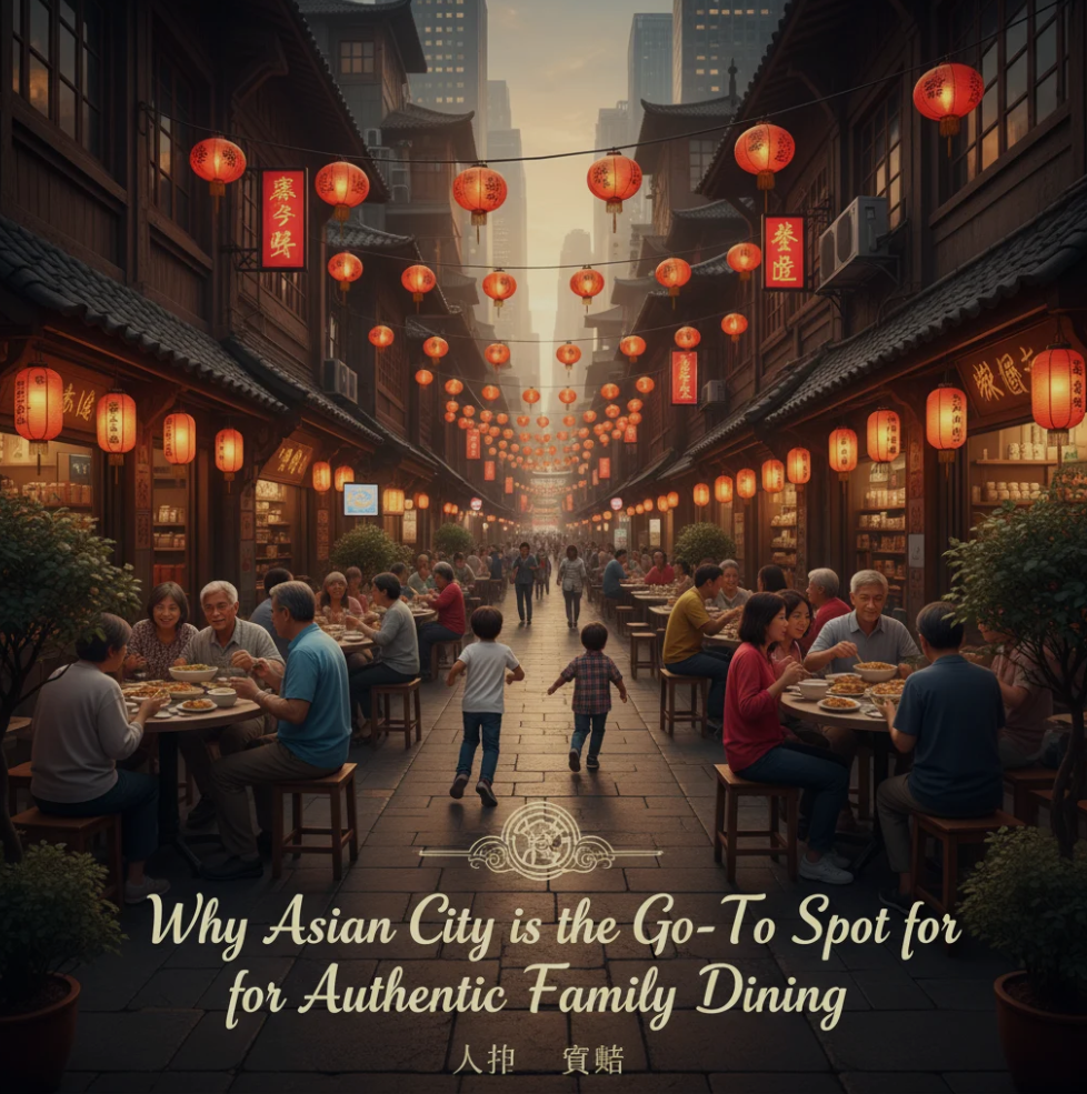 Keluarga sedang menikmati hidangan Asia autentik di restoran Asian City dengan suasana hangat dan modern