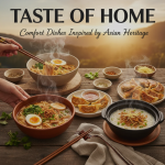 A warm, inviting spread of Asian comfort dishes such as noodle soup, rice bowls, dumplings, and stir-fries arranged on a rustic wooden table