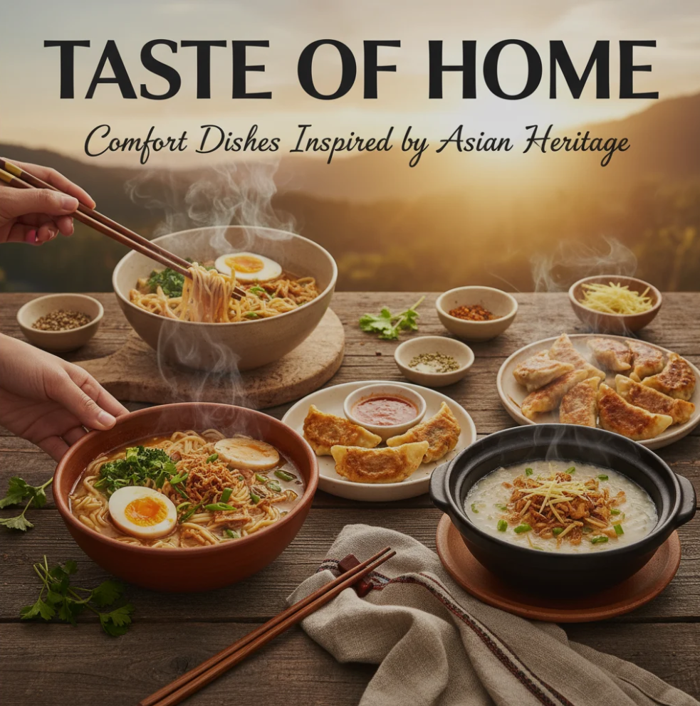 A warm, inviting spread of Asian comfort dishes such as noodle soup, rice bowls, dumplings, and stir-fries arranged on a rustic wooden table