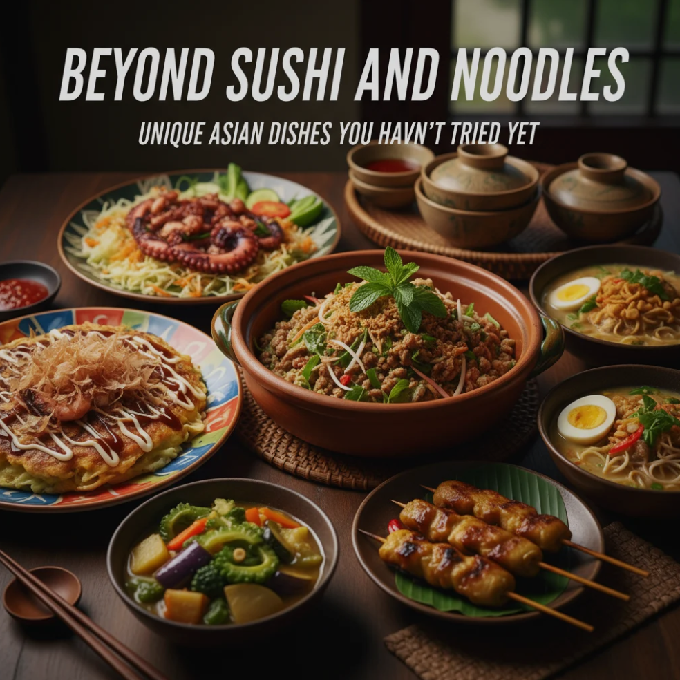 Assortment of lesser-known Asian dishes on a rustic table, featuring vibrant colors and authentic regional ingredients