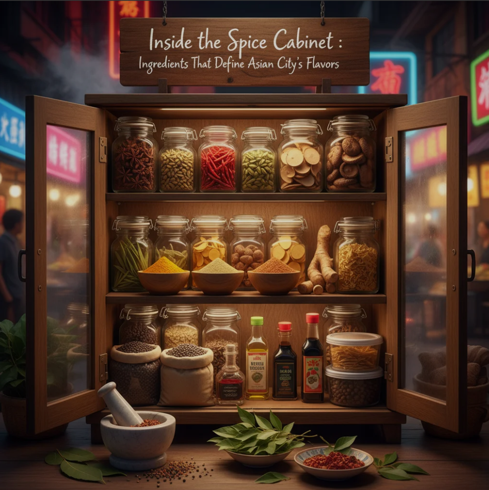 A flat-lay photo of Asian spices including star anise, chili, ginger, garlic, lemongrass, and soy sauce bottles arranged on a wooden table