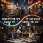 A split-view image showing bustling Asian street food stalls on one side and an elegant fine-dining table setting on the other