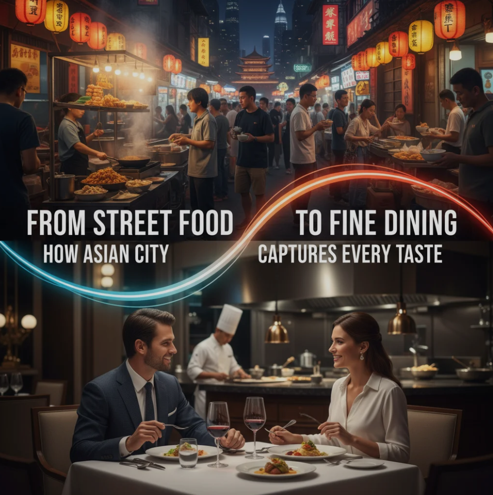 A split-view image showing bustling Asian street food stalls on one side and an elegant fine-dining table setting on the other