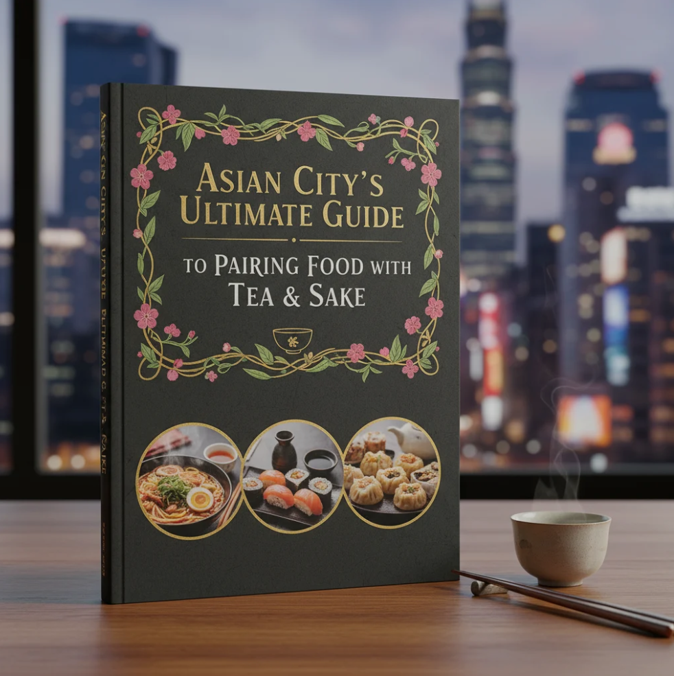 An elegant table setting featuring Asian dishes paired with tea and sake.