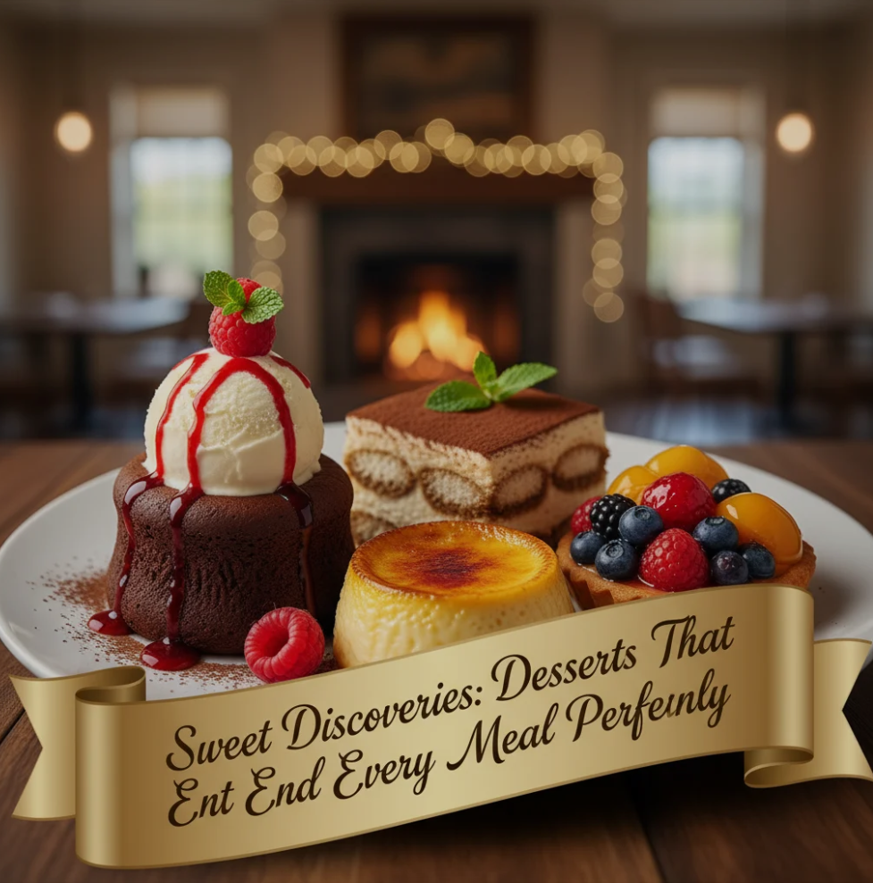 A beautifully plated assortment of desserts including cake, tart, and ice cream served after a meal