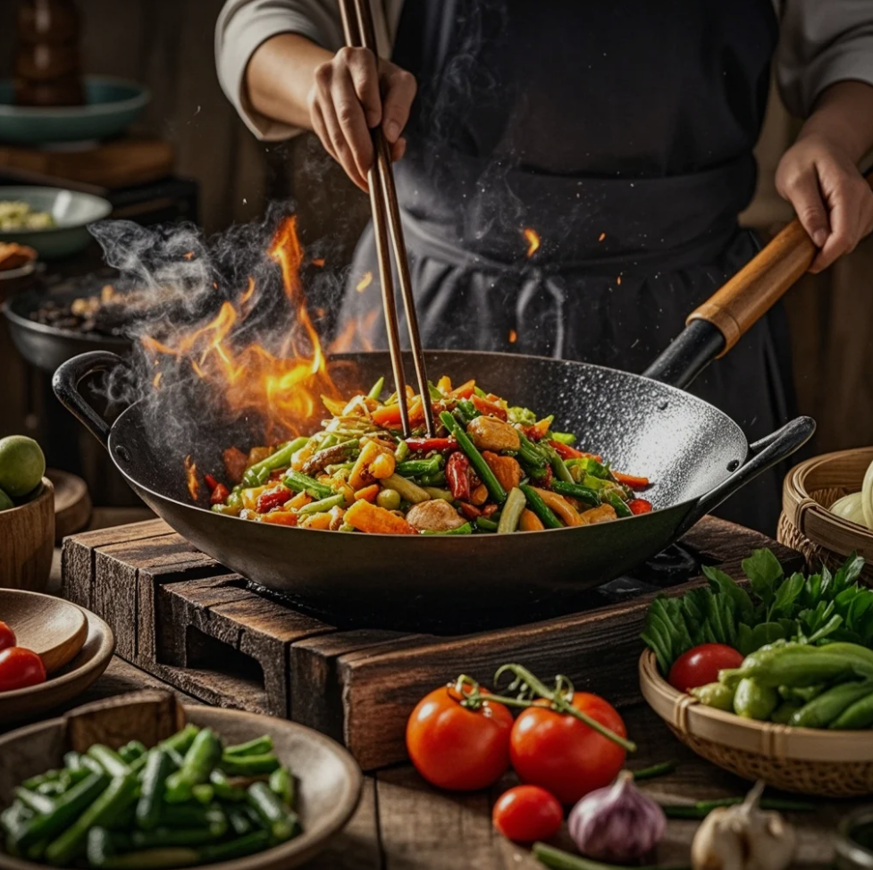 Chef tossing ingredients in a flaming wok, showcasing Asian City’s wok-fired cooking techniques