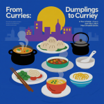 Variety of Asian dishes including dumplings, curries, and street food on a vibrant table