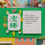 Assorted Asian dishes from Asian City, including stir-fries, noodles, sushi, and soups arranged on a restaurant table