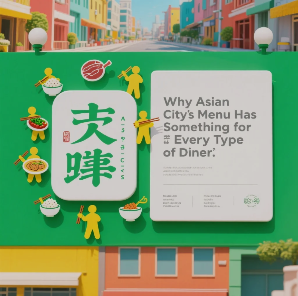 Assorted Asian dishes from Asian City, including stir-fries, noodles, sushi, and soups arranged on a restaurant table