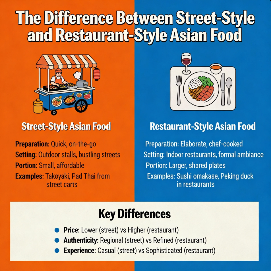 Street food vendor cooking noodles beside a refined Asian restaurant dining setup