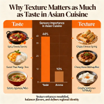 Close-up of Asian dishes highlighting contrasting textures such as crispy, chewy, silky, and crunchy elements