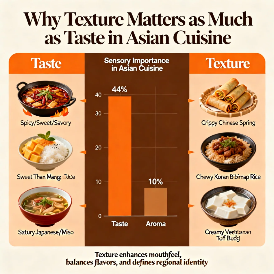 Close-up of Asian dishes highlighting contrasting textures such as crispy, chewy, silky, and crunchy elements