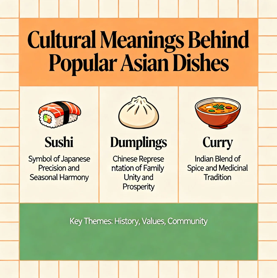 popular Asian dishes representing cultural traditions and symbolic meanings