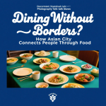 People from diverse backgrounds sharing Asian dishes at a vibrant communal dining table